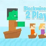 Yeşil devasa bir figür ve iki küçük insan karakteri, ahşap kayıklar üzerinde dalgalı bir suyun üstünde, Blockminer Run 2 Player yazısının önünde duruyor
