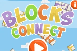 Renkli büyük harflerle Blocks Connect yazısı, mavi zemin üzerinde bulutlar ve üzerinde bilgi butonu bulunan bir ekran