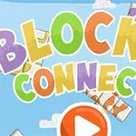 Renkli büyük harflerle Blocks Connect yazısı, mavi zemin üzerinde bulutlar ve üzerinde bilgi butonu bulunan bir ekran