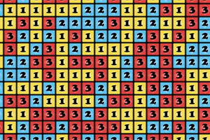 Blocks123 Kırmızı, mavi ve sarı zemin üzerine dizilmiş, 1, 2 ve 3 sayılarından oluşan kare desenli bir görüntü