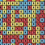 Blocks123 Kırmızı, mavi ve sarı zemin üzerine dizilmiş, 1, 2 ve 3 sayılarından oluşan kare desenli bir görüntü
