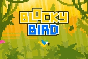 Piksel tarzı bir ormanda uçan bloklu bir kuş ve sarı ile mavi renklerde büyük blok harflerle yazılmış Blocky Bird yazısı