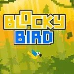 Piksel tarzı bir ormanda uçan bloklu bir kuş ve sarı ile mavi renklerde büyük blok harflerle yazılmış Blocky Bird yazısı