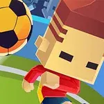 Kare şeklinde kafası olan blok tarzında bir futbolcu, arka planda bir futbol topu ve sahayla birlikte gösteriliyor