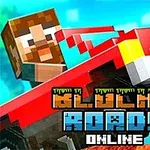 Piksel tarzı bir karakterin kırmızı bir arabayı sürdüğü renkli bir sahne ve altta Blocky Roads Online yazısı