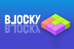 Mavi arka plan üzerinde BLOCKY yazısı ve çok renkli küplerden oluşan bir şekil