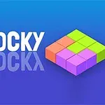Mavi arka plan üzerinde BLOCKY yazısı ve çok renkli küplerden oluşan bir şekil