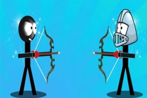 İki çöp adam figürü, yay ve oklarla birbirine doğru nişan almış, mavi bir arka planda karşı karşıya duruyor; figürlerden biri kask takıyor