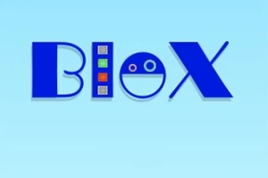 Mavi arka planda, içinde yuvarlak bir yüz ifadesi ve şekiller bulunan büyük BloX yazısı