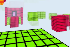 Yeşil ve kırmızı ızgaralı desenlere sahip küplerin bulunduğu sanal bir 3D ortam