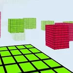 Yeşil ve kırmızı ızgaralı desenlere sahip küplerin bulunduğu sanal bir 3D ortam