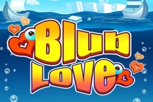 Sarı ve kırmızı büyük harflerle yazılmış Blu Love metni, arka planda deniz ve köpüklerle çevrili küçük kalpler
