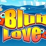 Sarı ve kırmızı büyük harflerle yazılmış Blu Love metni, arka planda deniz ve köpüklerle çevrili küçük kalpler