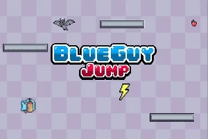 Mavi ve kırmızı renkte Blue Guy Jump yazısı, gri platformlar, bir yarasa, bir şimşek ve bir kırmızı meyve ile kare desenli arka plan