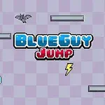 Mavi ve kırmızı renkte Blue Guy Jump yazısı, gri platformlar, bir yarasa, bir şimşek ve bir kırmızı meyve ile kare desenli arka plan