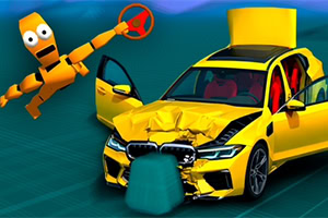 Ezilmiş kaputlu sarı spor otomobil ve yanında kırmızı direksiyon tutan çarpışma testi mankeni