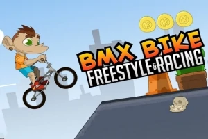 Bir karakter BMX bisikletiyle rampadan atlarken, arka planda şehir manzarası ve üç altın para