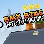 Bir karakter BMX bisikletiyle rampadan atlarken, arka planda şehir manzarası ve üç altın para