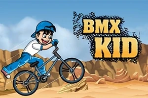 Çöl benzeri bir zeminde bisiklet süren mavi şapkalı ve beyaz kıyafetli bir çocuk, yanında BMX Kid yazısı