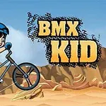 Çöl benzeri bir zeminde bisiklet süren mavi şapkalı ve beyaz kıyafetli bir çocuk, yanında BMX Kid yazısı