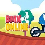 Turuncu saçlı bir karakter bisiklet sürerken, arka planda yeşil tepe ve bulutlar üzerinde BMX Online yazısı bulunuyor