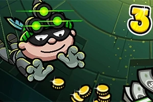Bob the Robber 3 Karakter siyah maske ve gece görüş gözlüğü takmış, yerdeki altın ve para tomarlarını toplamaya çalışıyor