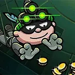 Bob the Robber 3 Karakter siyah maske ve gece görüş gözlüğü takmış, yerdeki altın ve para tomarlarını toplamaya çalışıyor