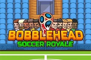 Çizgi film tarzı futbolcu karakterlerin başlarının gösterildiği, Bobblehead Soccer Royale metninin bulunduğu bir stadyum sahnesi
