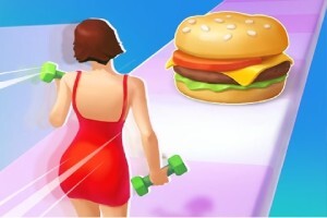 Kırmızı elbiseli ve elinde yeşil dambıl tutan bir kadın figürü, yanında büyük bir hamburgerle pastel renkli bir yolda duruyor