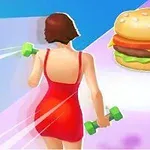 Kırmızı elbiseli ve elinde yeşil dambıl tutan bir kadın figürü, yanında büyük bir hamburgerle pastel renkli bir yolda duruyor