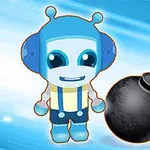 Mavi kulaklıklı bir robot, yanındaki siyah bir bomba ve üst köşede kırmızı bir sekiz sayısı