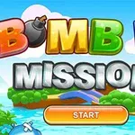 Renkli ve parlak harflerden oluşan BOMB IT MISSION başlığı, deniz manzarası ve bir başlangıç düğmesiyle çevrili, karikatür tarzı robot karakterlerine sahip bir ekran