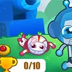 Mavi kulaklıklı bir robot, kırmızı beyaz bir figürle çimenlik bir alanda; sol altta kupa simgesi ve 0/10 yazısı