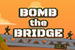 Turuncu bir arka plan üzerinde büyük beyaz ve yeşil harflerle Bomb the Bridge yazısı, köprüde yürüyen silahlı asker figürleriyle