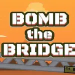 Turuncu bir arka plan üzerinde büyük beyaz ve yeşil harflerle Bomb the Bridge yazısı, köprüde yürüyen silahlı asker figürleriyle