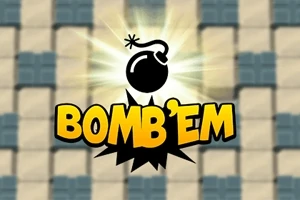 Patlayan bir bomba simgesi ve BOMBEM yazısı, arka planda kare desenli bir zemin üzerinde yer alıyor