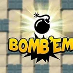 Patlayan bir bomba simgesi ve BOMBEM yazısı, arka planda kare desenli bir zemin üzerinde yer alıyor