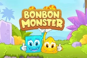 Sevimli bir mavi ve sarı karakterin birlikte durduğu, rengarenk arkaplana sahip bir manzarada Bonbon Monster yazılı bir tabela