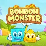 Sevimli bir mavi ve sarı karakterin birlikte durduğu, rengarenk arkaplana sahip bir manzarada Bonbon Monster yazılı bir tabela