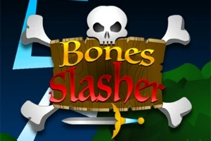 Kafatası ve çapraz kemiklerle süslenmiş bir tahta, üzerinde Bones Slasher yazısı ve altta bir kılıçla betimlenmiş