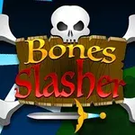 Kafatası ve çapraz kemiklerle süslenmiş bir tahta, üzerinde Bones Slasher yazısı ve altta bir kılıçla betimlenmiş