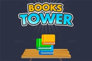 Koyu arka plan üzerinde, üst üste dizilmiş renkli kitapların altında ahşap bir platform ve üstte Books Tower yazısı