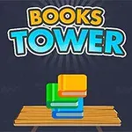 Koyu arka plan üzerinde, üst üste dizilmiş renkli kitapların altında ahşap bir platform ve üstte Books Tower yazısı