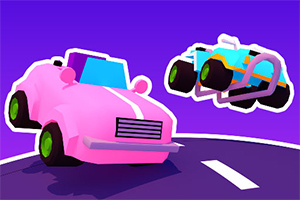 Pembe bir araba ve mavi bir araba, mor arka plan üzerinde bir yol kenarında hareket halinde