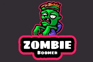 Yeşil bir zombi figürü, pembe çerçeveli siyah bir arka plan üzerinde “Zombie Boomer” yazısıyla tasvir edilmiştir