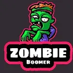 Yeşil bir zombi figürü, pembe çerçeveli siyah bir arka plan üzerinde “Zombie Boomer” yazısıyla tasvir edilmiştir