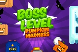 Mor arka plan üzerinde Boss Level Pumpkin Madness yazısı ve etrafında balkabağı, yarasa ve diğer nesneler