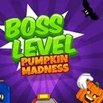 Mor arka plan üzerinde Boss Level Pumpkin Madness yazısı ve etrafında balkabağı, yarasa ve diğer nesneler