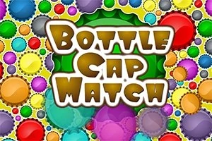 Renkli şişe kapaklarının arka planına yerleştirilmiş büyük harflerle Bottle Cap Match yazısı
