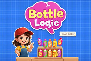 Mavi kareli arka planda kırmızı şapkalı çizgi kız, renkli şişeler ve Bottle Logic yazısı